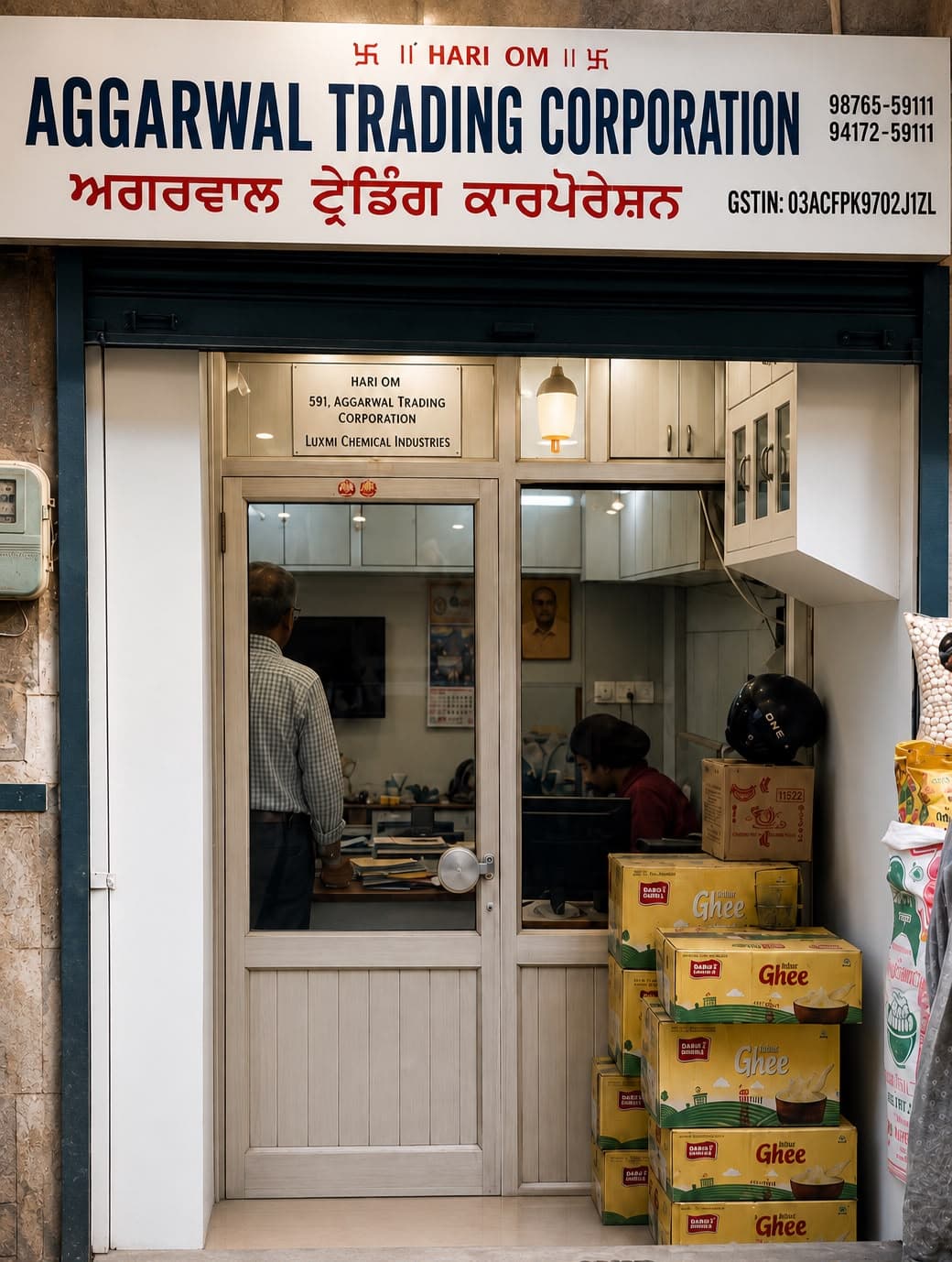 Aggarwal Trading Corporation's head office in Main Bazar, Kesar Ganj, Ludhiana, with stock stacked at the entrance
