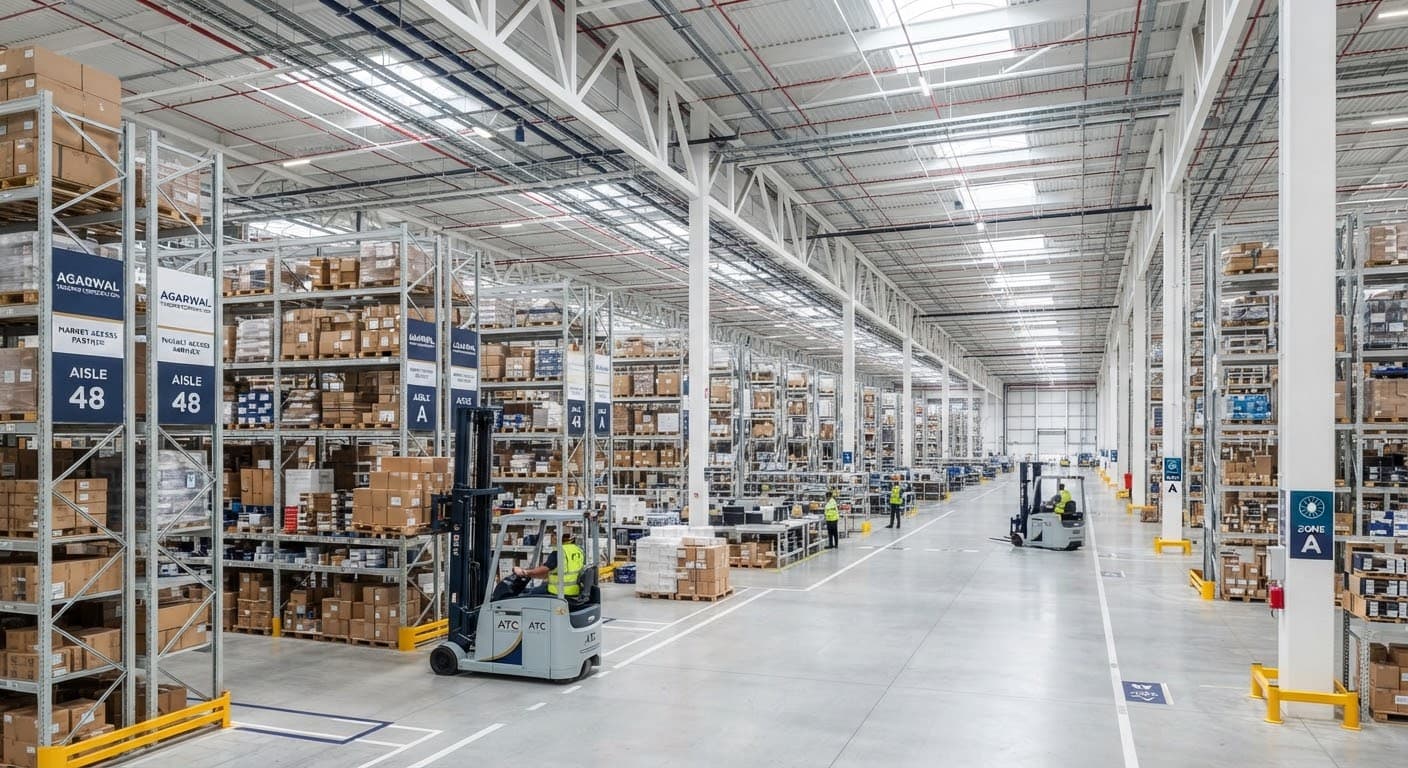Interior of a modern logistics warehouse with organised pallet racking
